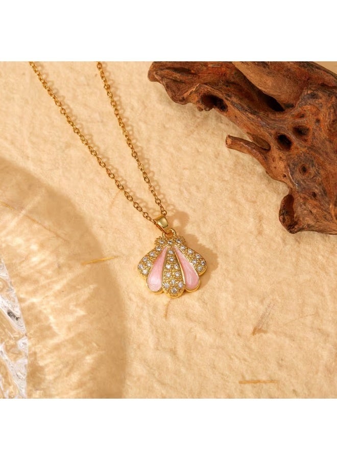 Pink Enamel Seashell Necklace – Gold Tone – Sparkling Zircon Shell Pendant – Hypoallergenic Stainless Steel - Image 5